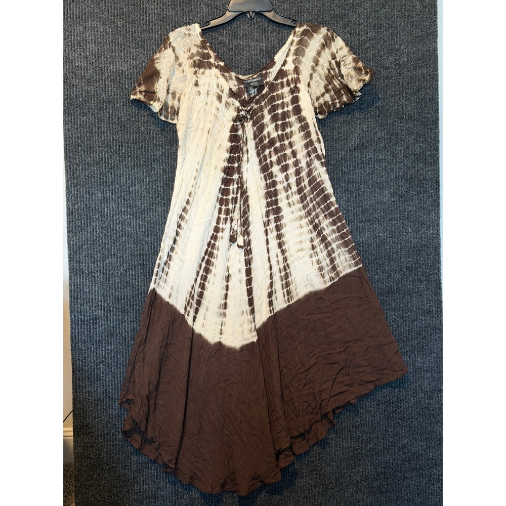 Ocean Breeze Tie Dye Asymmetrical Midi Dress Brown Cream Boho Embroidered OS